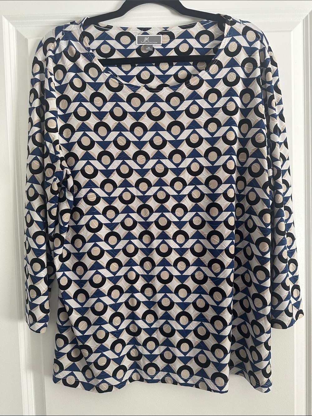 JM Collection Navy and Cream Geometric Print Long Sleeve Top